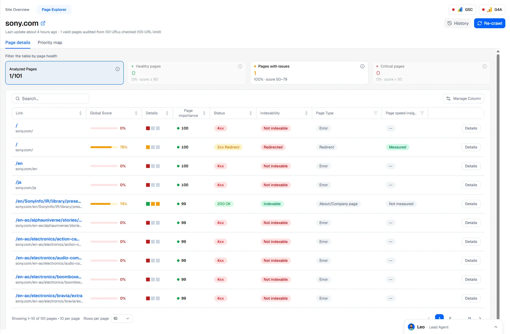 Page Explorer lists every audited page.