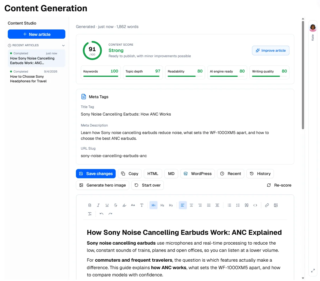 A generated article and its content score.