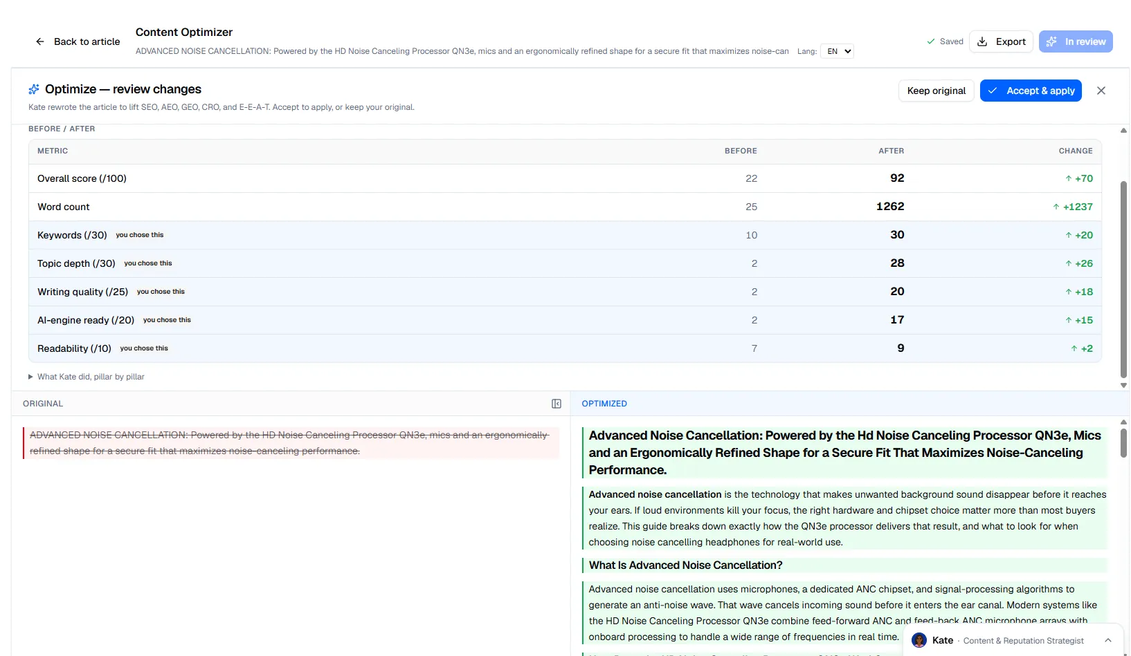 The optimizer compares the original and the optimized text.