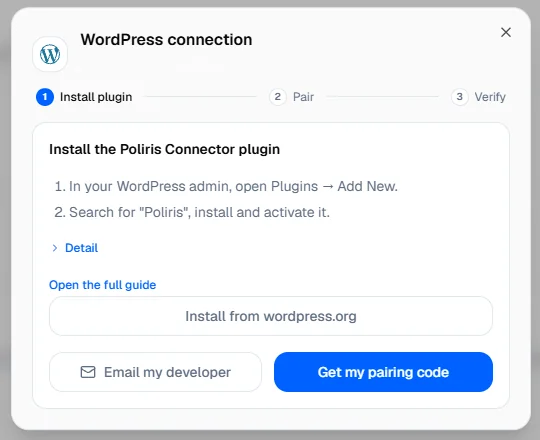 Connecting WordPress: install the plugin, pair with a one-time code, verify.